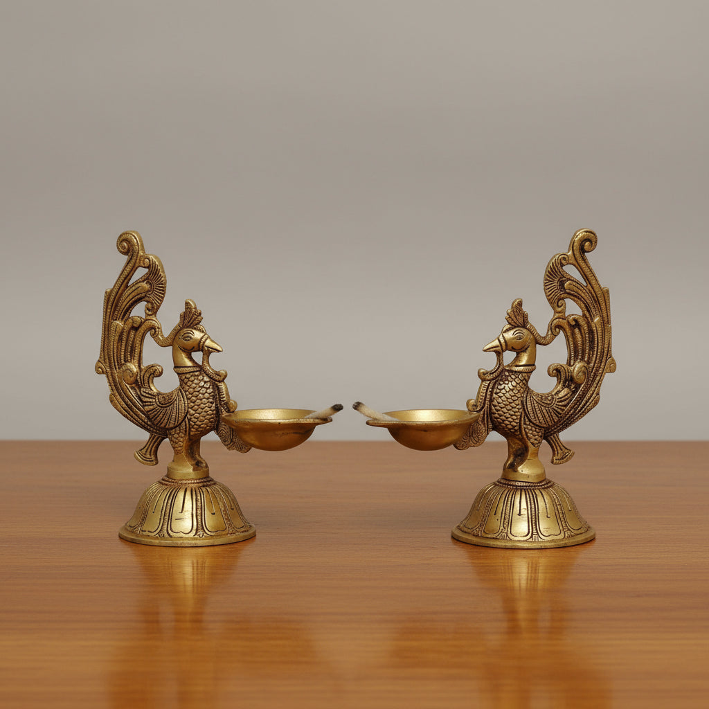 brass peacock diya set of 2 for home décor/ diwali/ housewarming